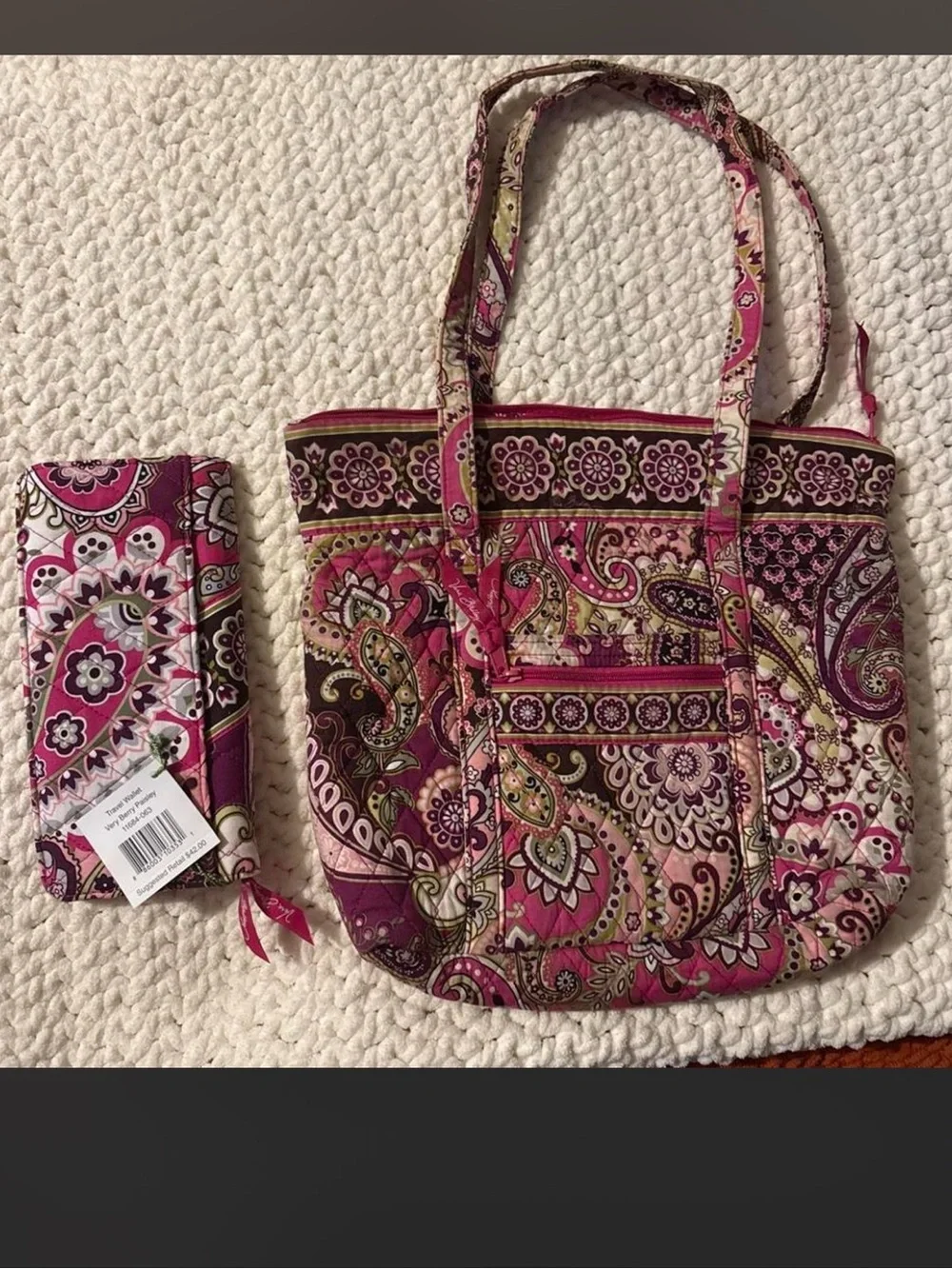Vera Bradley Pink Paisley Quilted Tote with Matching Wallet